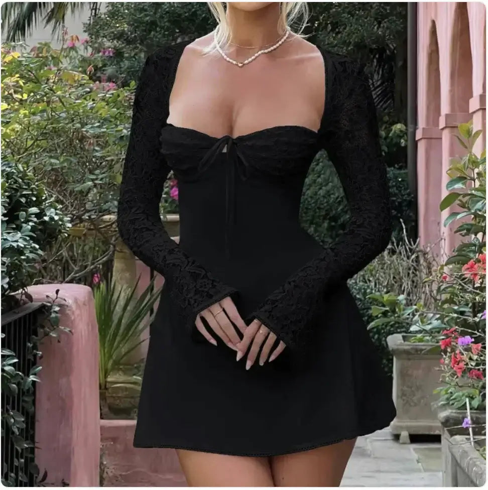 Lace Corset Long Sleeve Backless Dress - FASHION FLOOD
