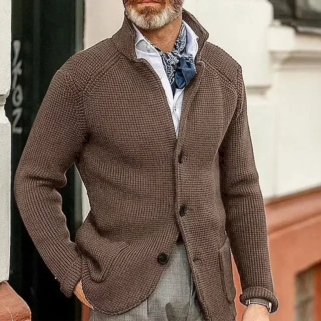 Men's Solid Casual Knitwear Sweater Thick Warm Stand Collar Cardigan Tops Elegant Knitted Coats Autumn Winter Male Sweaters