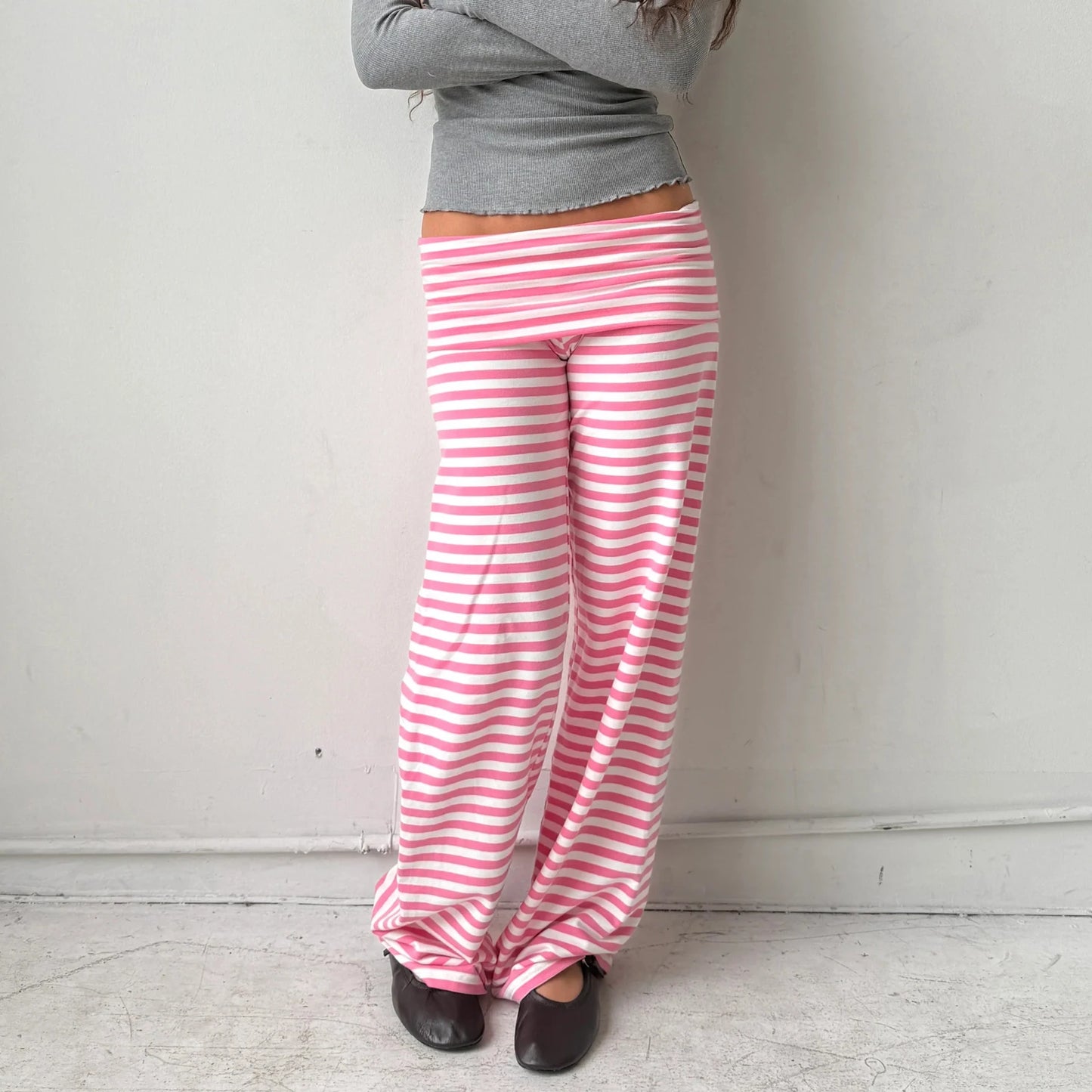Hirigin Y2K Fold Over Wide Leg Pants Preppy Striped Patchwork Low Waist Trousers Casual Lounge Yoga Sweatpants