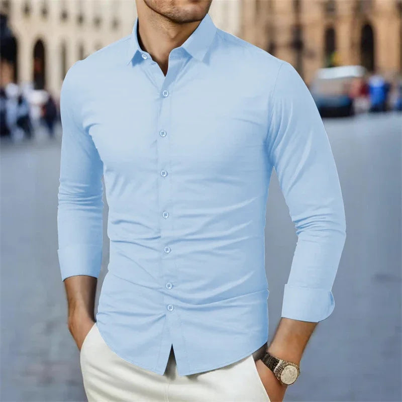 New Men's Business Casual Long Sleeved Solid Color Shirt Wrinkle Resistant Wrinkle Free Comfortable All Season Versatile Top