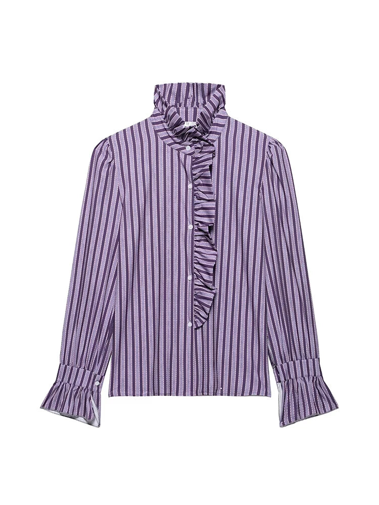 Women Sweet Shirts 2025 Fashion Ladies Casual Purple Striped Blouses for Party Female Chic Tops Girls Cute Clothes