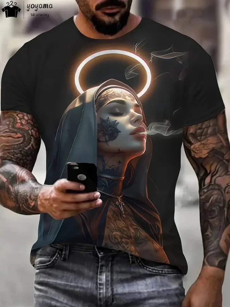 Men's with Smoking Nun 3D Graphic T-Shirt Black Casual Summer Tee Short Sleeves Polyester Streetwear T-Shirts Vintage Clothing