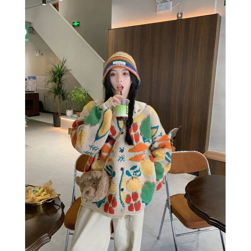 Women Sweaters Cardigan Print Floral Coats Full Sleeve Knitted Loose Jumpers Coat Top Regular Splice Single Breasted Outerwear