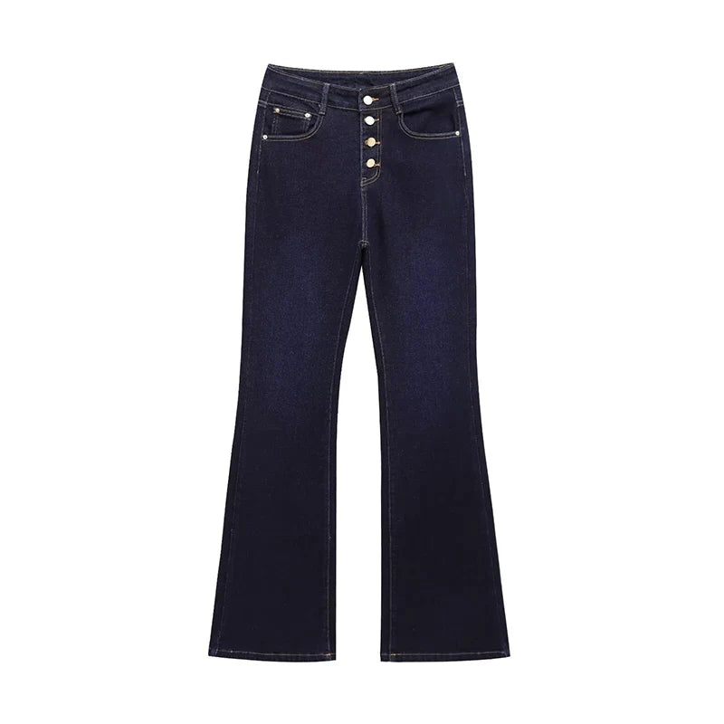 XPQBB Women's Jeans Basic All-Match Slimming Denim Pants Fashion Metal Button High Waist Flared Pant High End Sense Casual Trousers