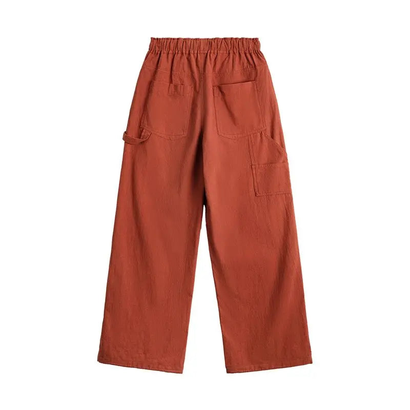 MADEN Women's Cargo Pants Lightweight Cotton Elastic Waist Wide Leg Loose Straight Utility Pocket Casual Trousers