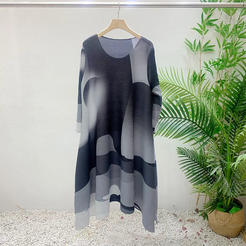 Miyake Pleated Print Dress 2024 New Early Spring Fashion Elegant A-line Swing Dress Elegant Women's Clothing High-quality