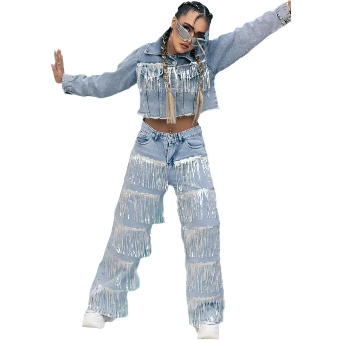 Qmansha Women's Jeans Casual Fashion Street Sequins Fringe Design Straight Jeans High Waisted Blue Jeans for Women Pants