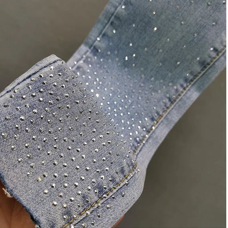 VWBQNZ Women's Jeans 2025 Summer New Elastic Slim Heavy Industry Hot Diamond Small Foot Pencil Pants Female Casual Denim Trousers