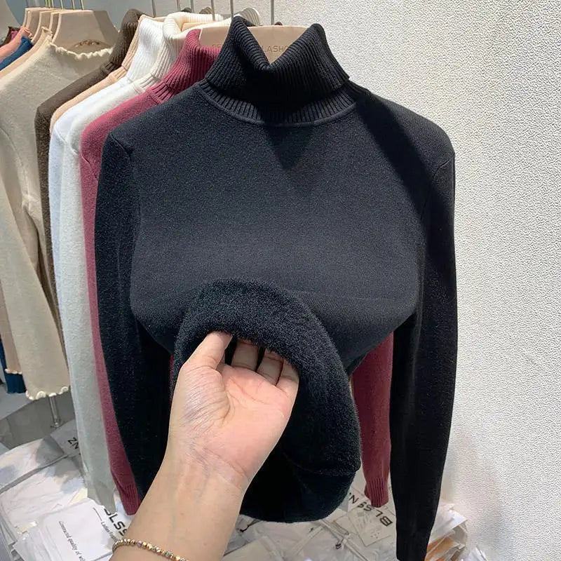 Women's Clothing Sweaters High Collar Knitted Top 2023 Autumn Winter plush thickened lining black long sleeved bottom Pullovers