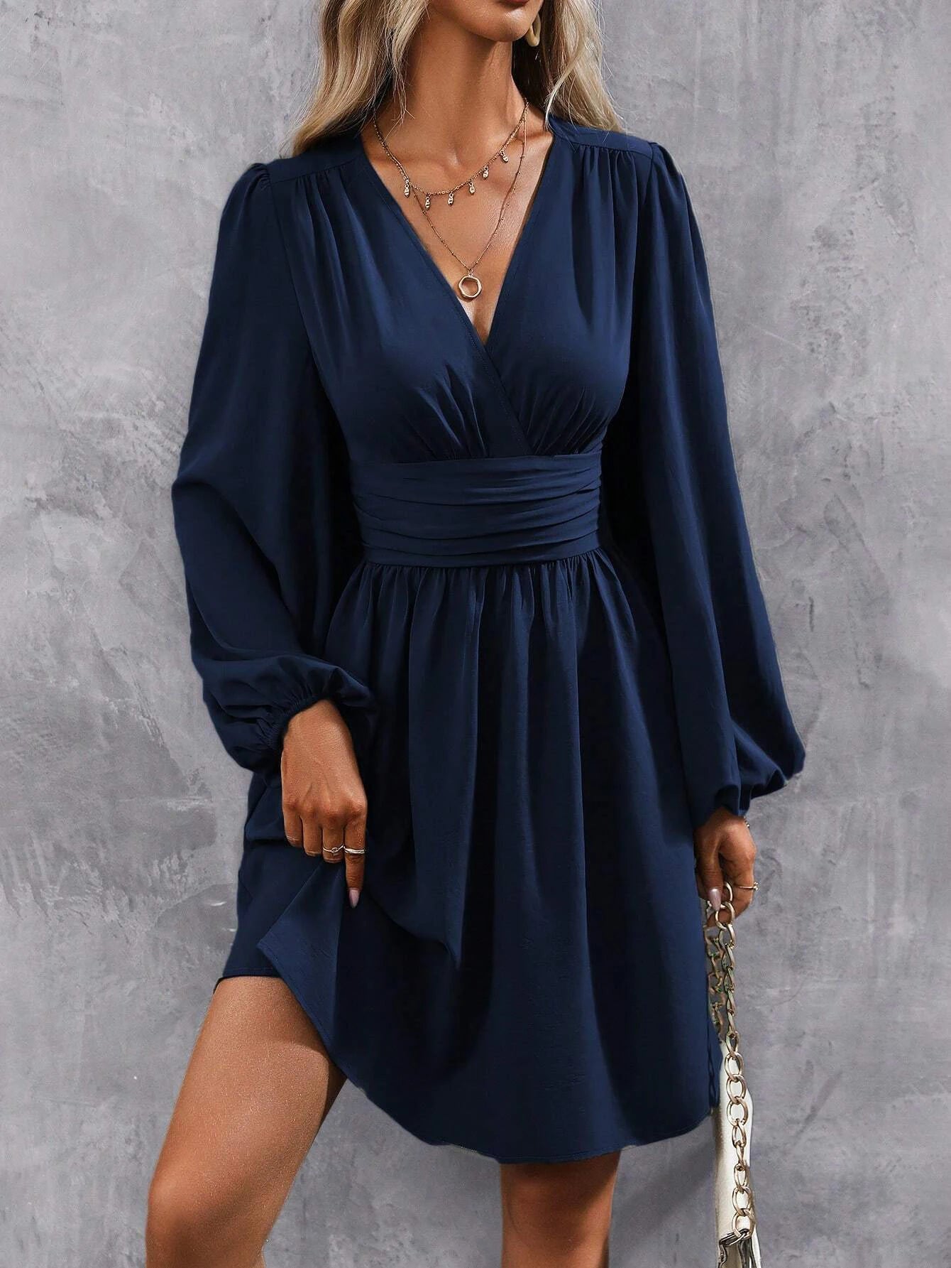 Dresses 2025 Woman Clothing V Neck Lantern Sleeve Wrap Mini Dress Ruched Waist Flowy Hem Elegant for Autumn and Party Styles 