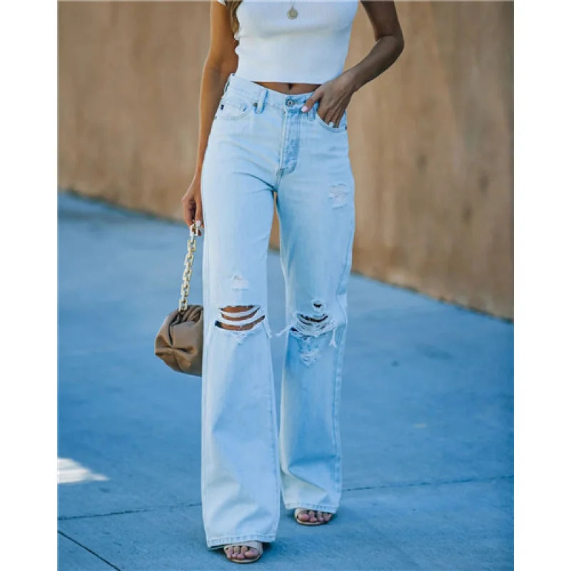 LIXZ Women's Light Washed Ripped Denim Jeans Casual Trendy High Waist Straight Leg Pants