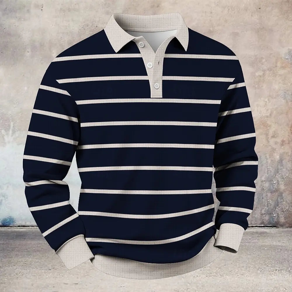 Tailored Turn-Down Collar Shirt – Men's Long Sleeve Button Up with Thin Stripe Accents for Work Meetings & Versatile Wear