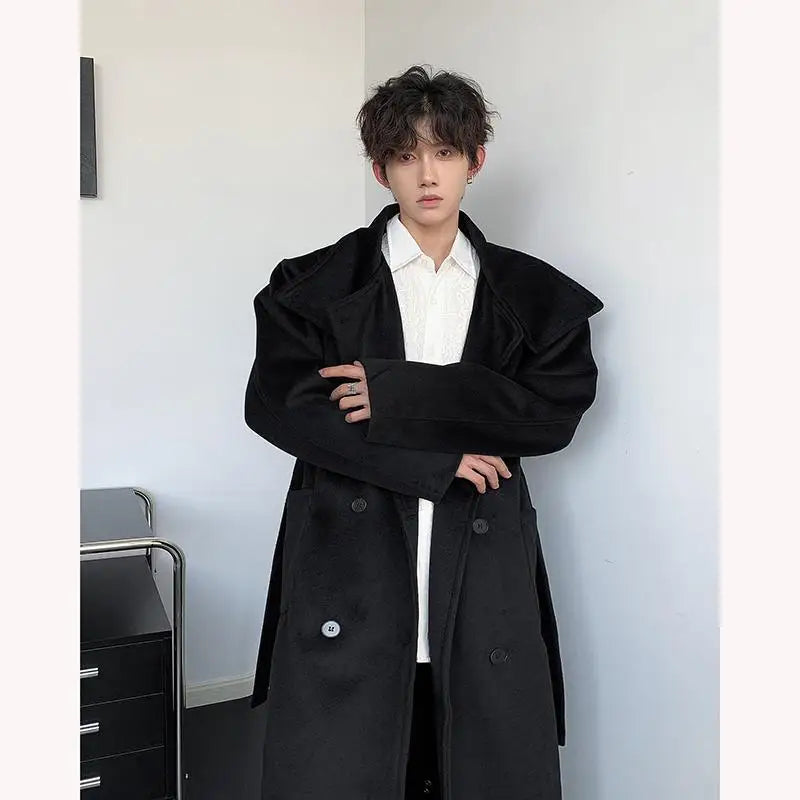 ZEESHANT Men's Double-Breasted Wool Blend Overcoat with Belt Loose Fit Solid Color Stand Collar Mid-Length Trench Coat for Autumn Winter