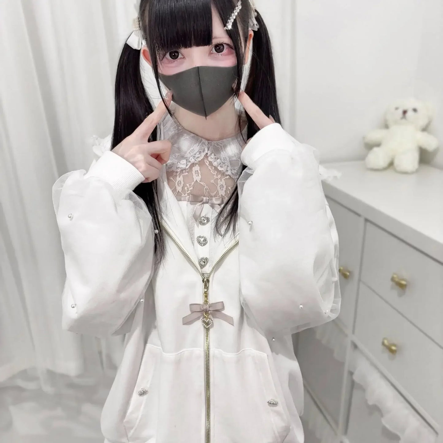 Japanese Kawaii Bunny Ear Hoodie Sweet Lace Rabbit's Ears Lolita Style Zipper Jackets Harajuku Kawaii Lace Bow Zipper Coat