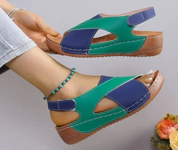Color Block Cross-Strap Wedge Sandals