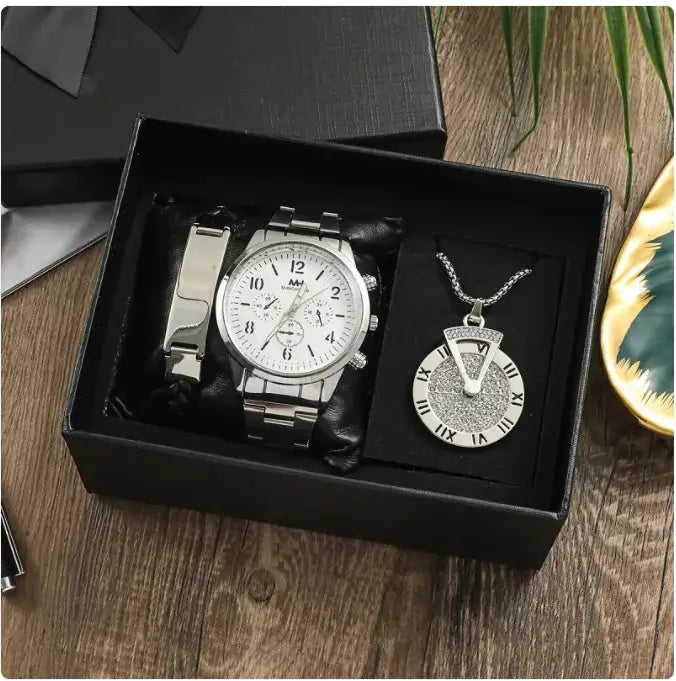Men's Business, Holiday, and Birthday Gift Bracelet Necklace Watch Set