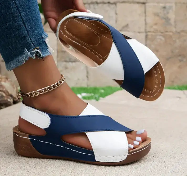 Color Block Cross-Strap Wedge Sandals