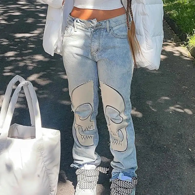 High-Waisted Retro Skull Print Jeans
