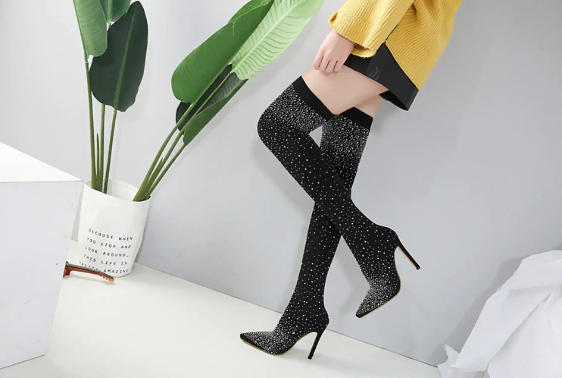 Crystal Thigh-High Boots - FASHION FLOOD