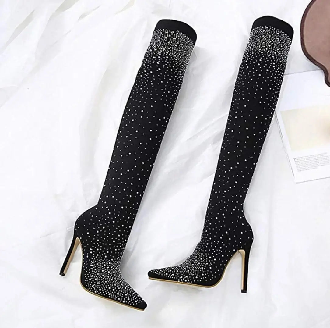 Crystal Thigh-High Boots - FASHION FLOOD