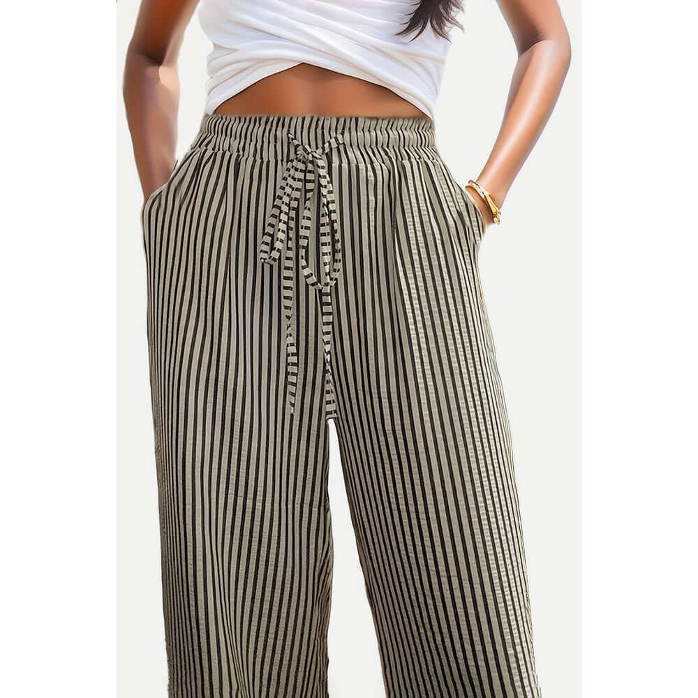 Drawstring Striped Elastic Waist Pants - FASHION FLOOD
