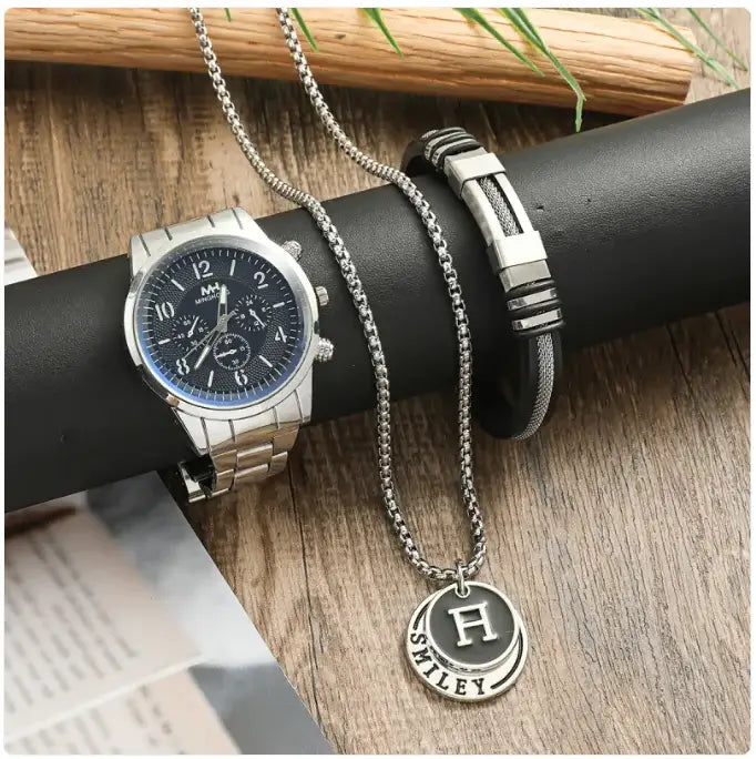 Men's Business, Holiday, and Birthday Gift Bracelet Necklace Watch Set