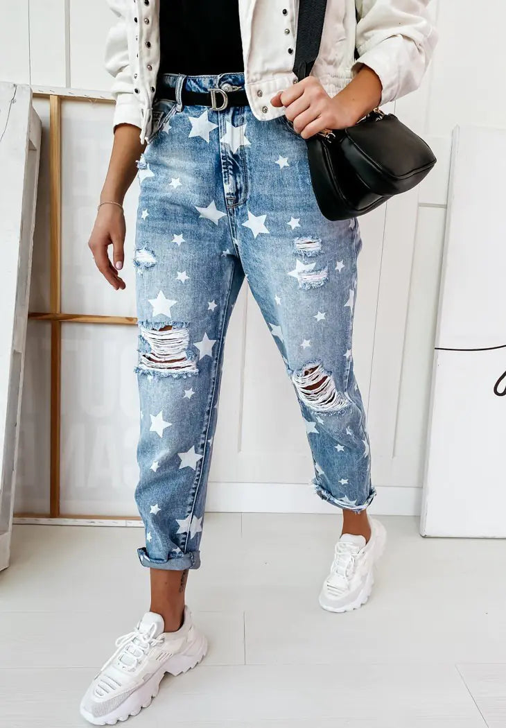 Star Pattern Trendy Distressed Women's Jeans