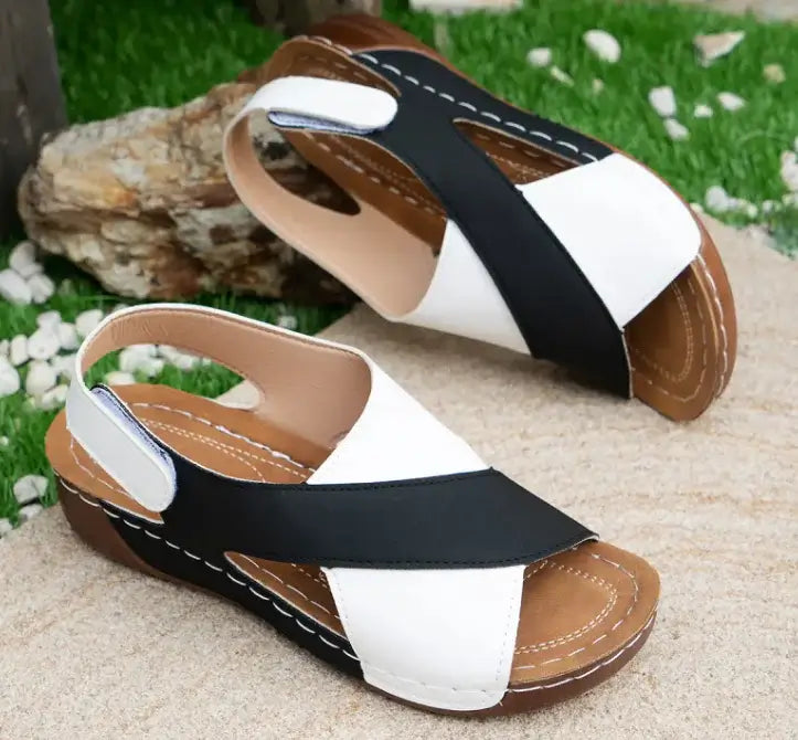 Color Block Cross-Strap Wedge Sandals