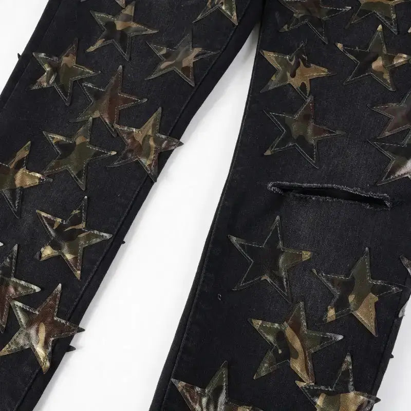 Distressed Star Patchwork Stretchable Skinny Jeans