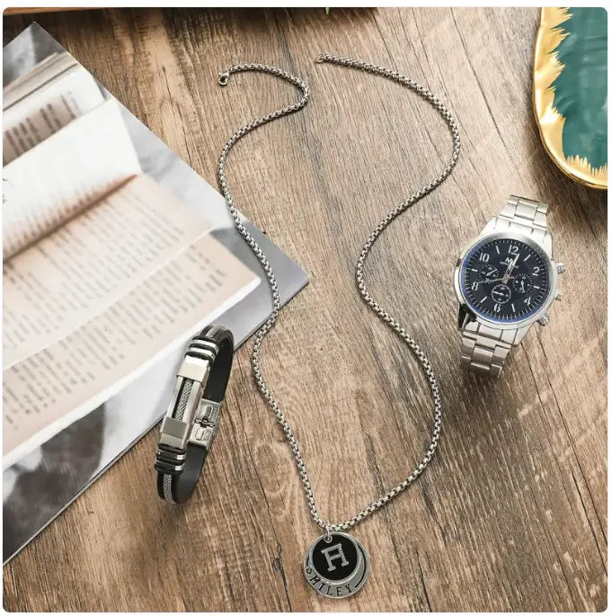 Men's Business, Holiday, and Birthday Gift Bracelet Necklace Watch Set