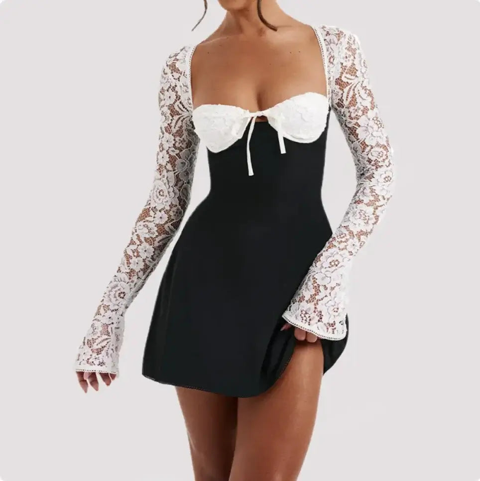 Lace Corset Long Sleeve Backless Dress - FASHION FLOOD