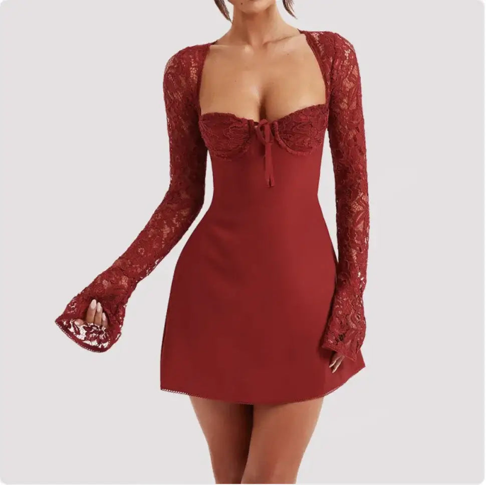 Lace Corset Long Sleeve Backless Dress - FASHION FLOOD