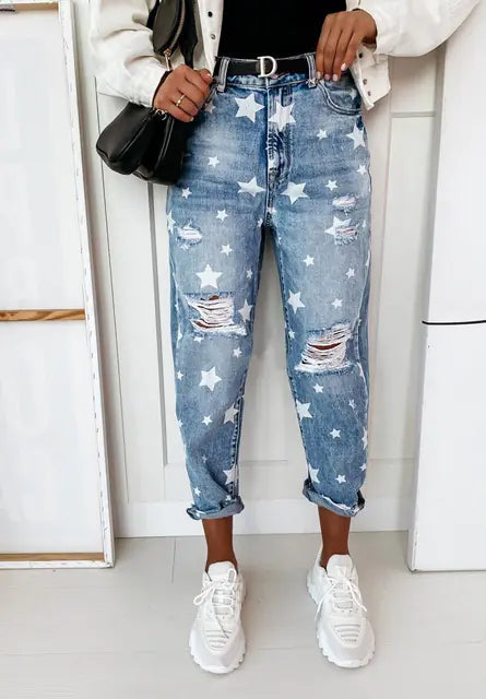 Star Pattern Trendy Distressed Women's Jeans