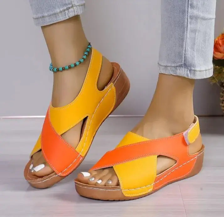 Color Block Cross-Strap Wedge Sandals