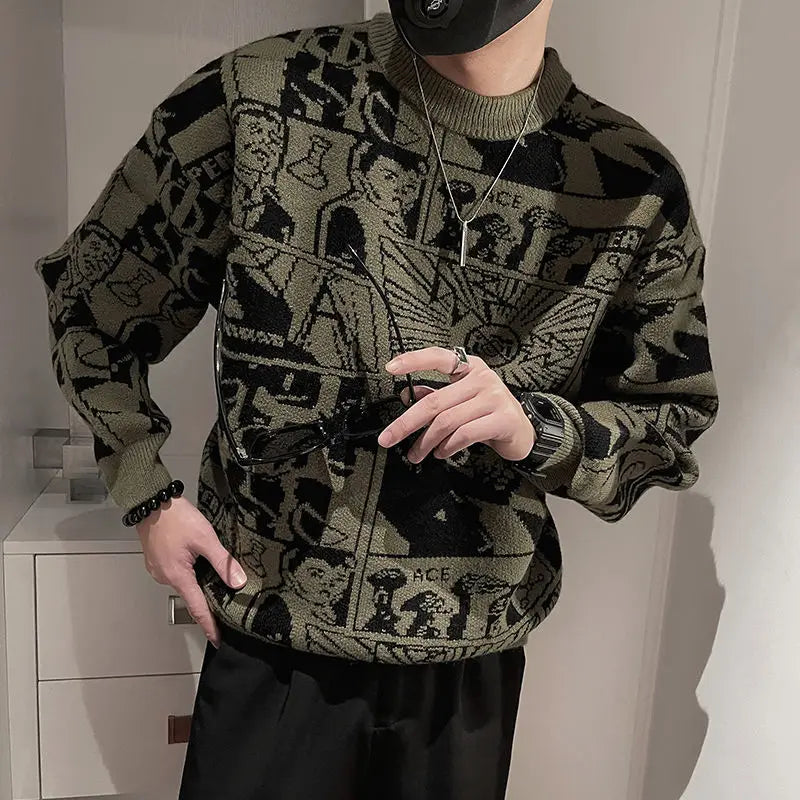 Floral Sweater for Men's Spring and Autumn Trendy Bottoming Shirt for Long Sleeves, Personalized Fashion Knitted Sweater