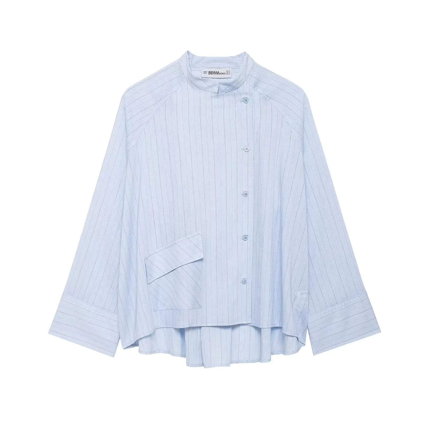Women's Striped Shirt with Pocket New Spring Long Cuffed Sleeve O Neck Simple Women Shirt & Blouses Asymmetric Hem Female Tops
