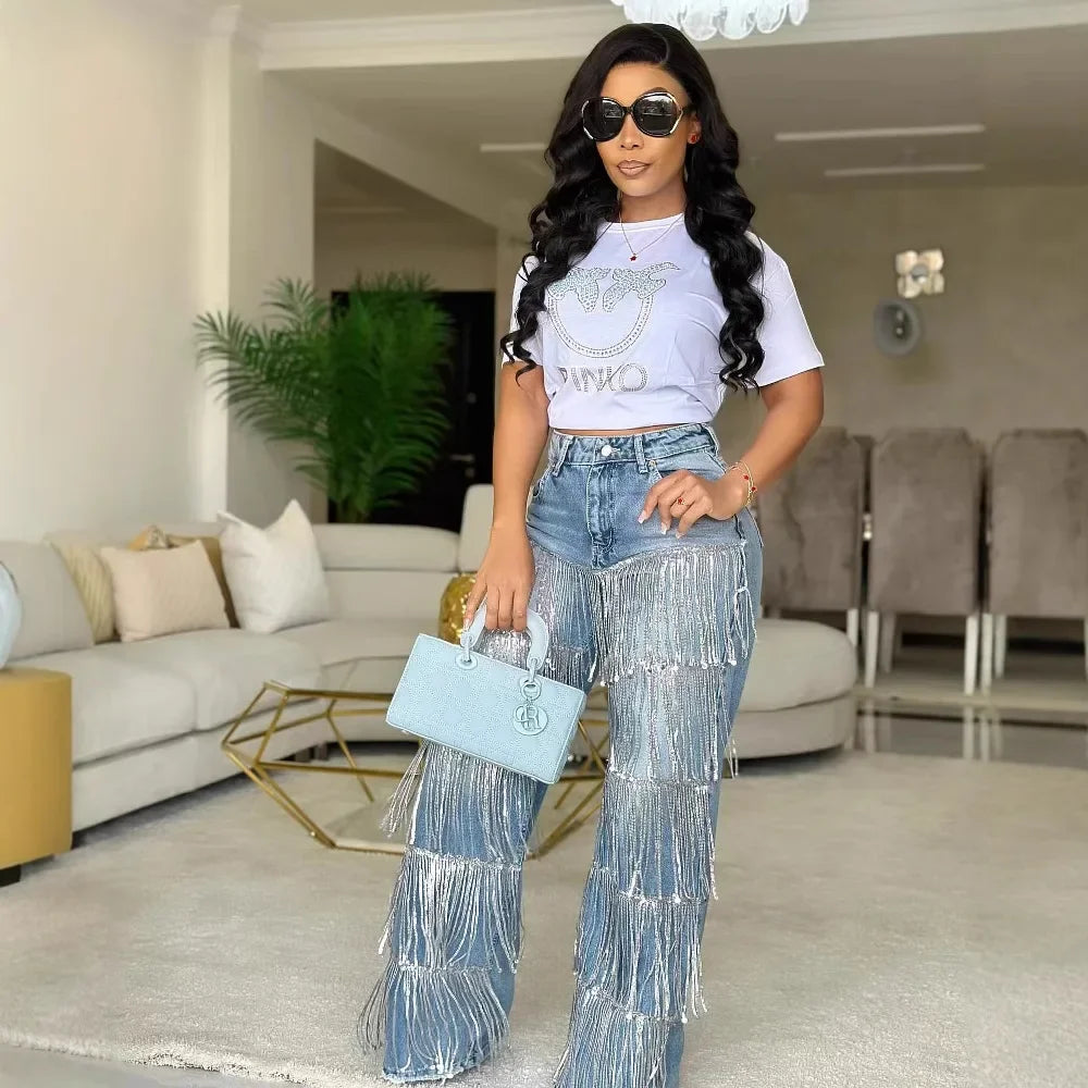 Qmansha Women's Jeans Casual Fashion Street Sequins Fringe Design Straight Jeans High Waisted Blue Jeans for Women Pants