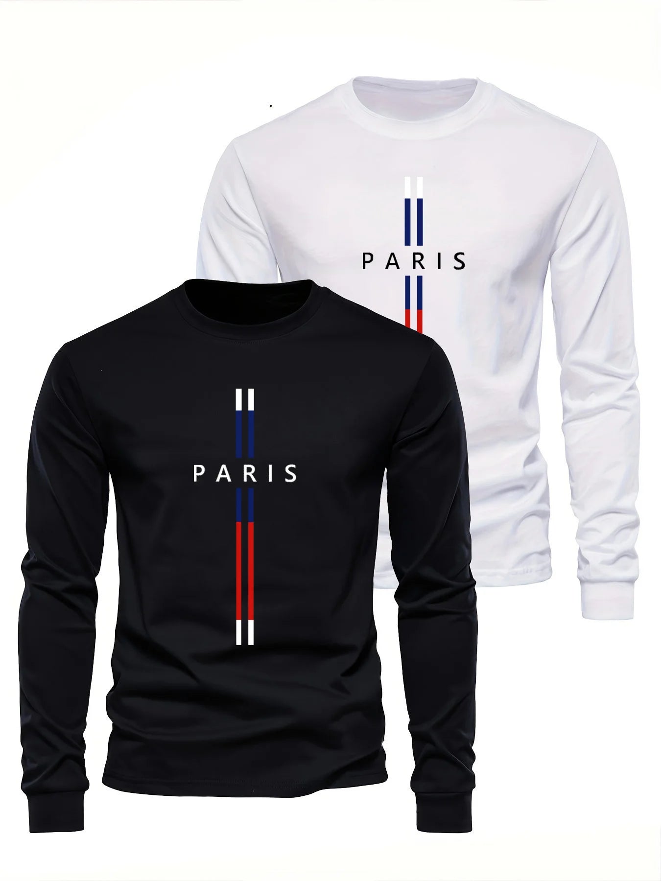 Paris Letter graphic print men's 100% pure cotton loose and comfortable sports and leisure round neck long sleeved T-shirt top