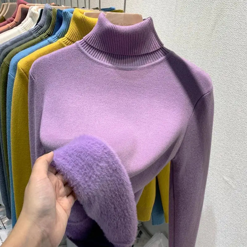 Women's Clothing Sweaters High Collar Knitted Top 2023 Autumn Winter plush thickened lining black long sleeved bottom Pullovers