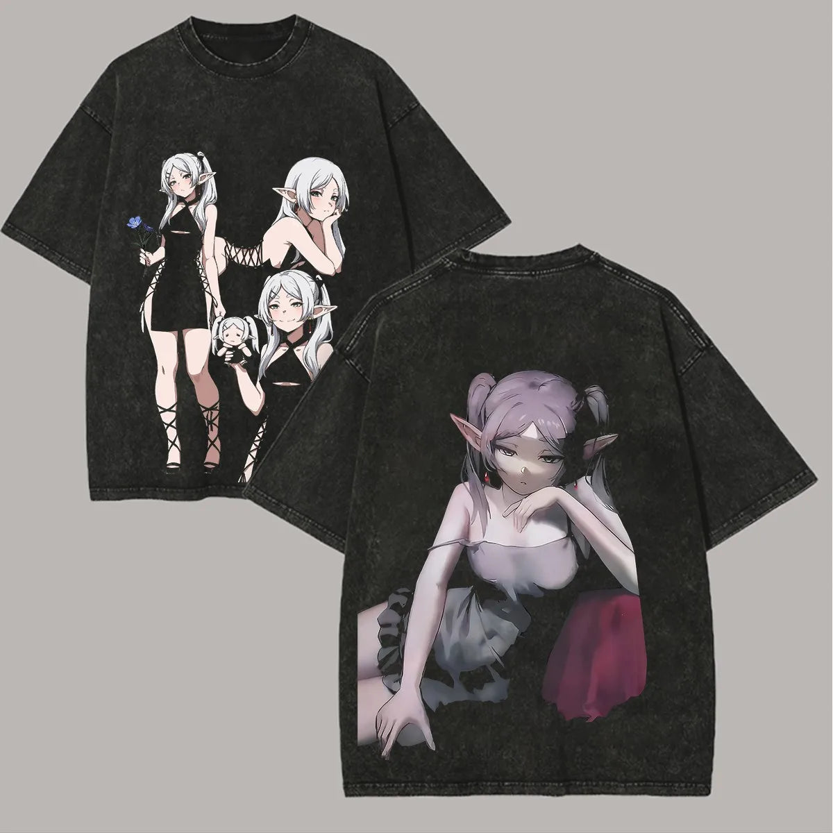 Harajuku Anime Frieren Beyond Journey's End T-shirt Unisex Clothing Washed Oversized T Shirt Short Sleeve Cotton Tees Tops