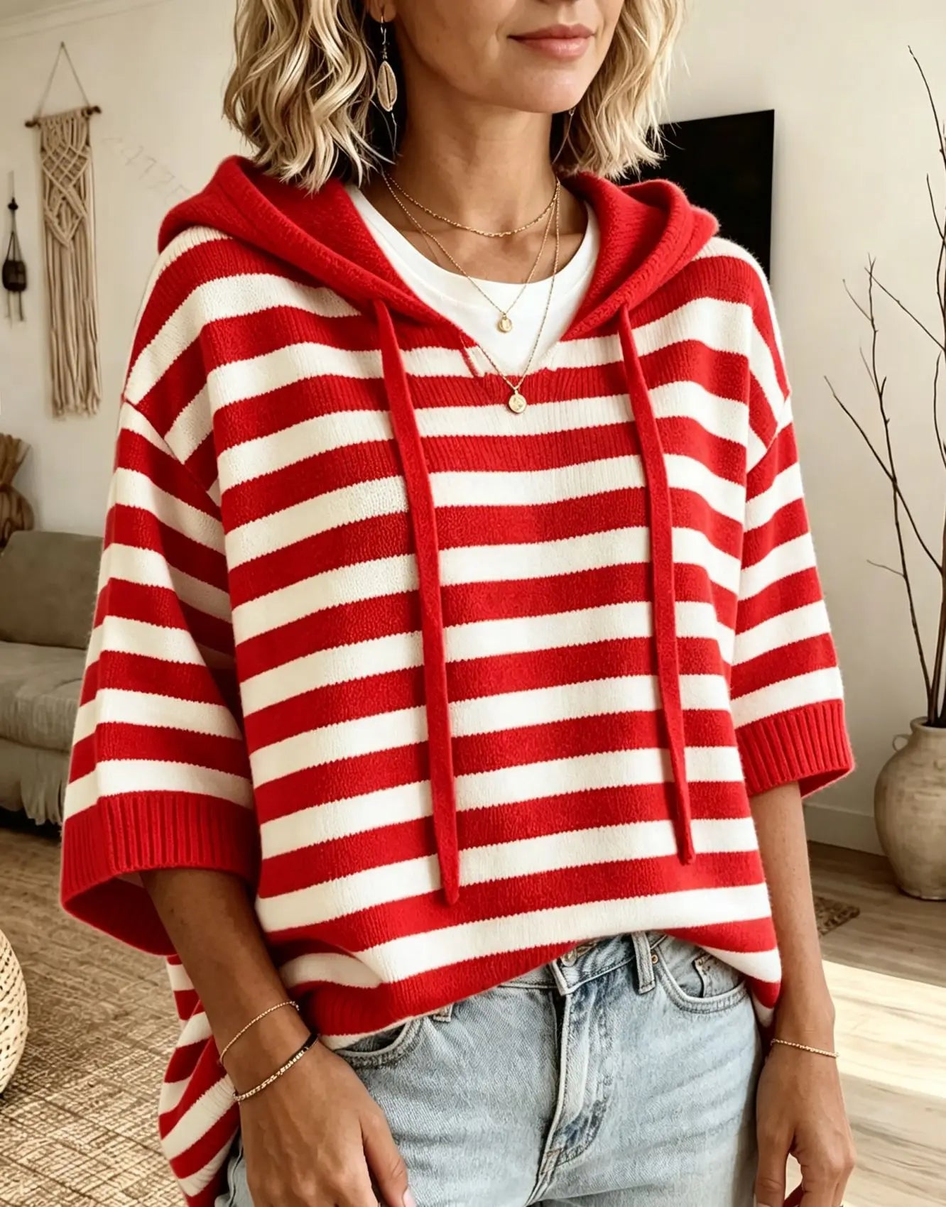 Women's Sweater New Hooded Drawstring Knitted Sweater Loose Long Sleeve Striped Jumper Women