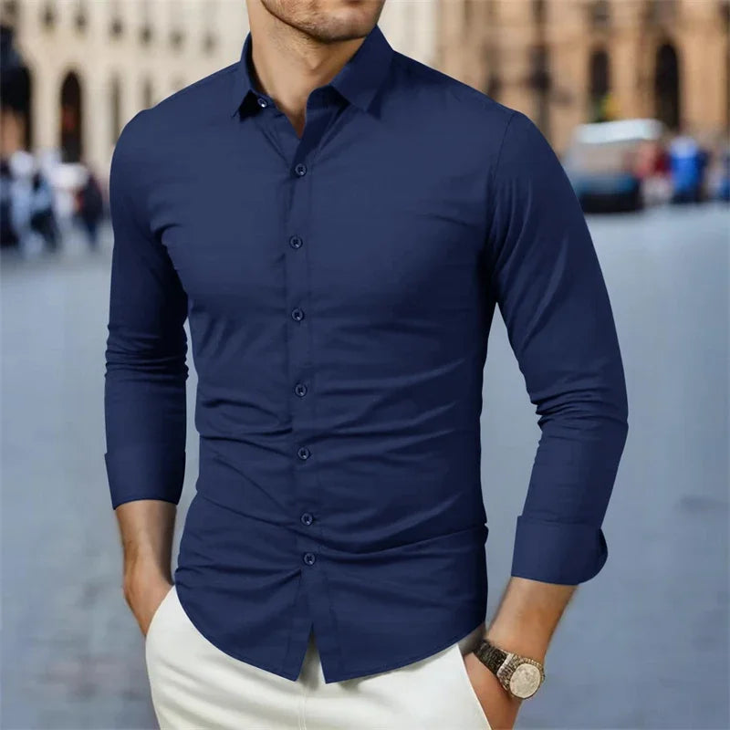 New Men's Business Casual Long Sleeved Solid Color Shirt Wrinkle Resistant Wrinkle Free Comfortable All Season Versatile Top
