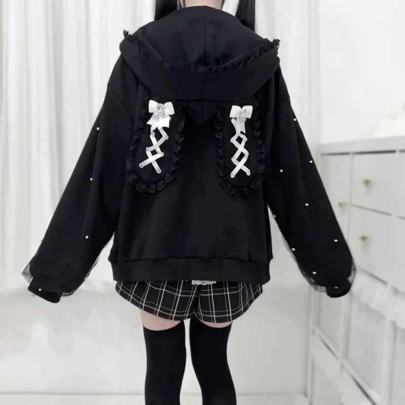Japanese Kawaii Bunny Ear Hoodie Sweet Lace Rabbit's Ears Lolita Style Zipper Jackets Harajuku Kawaii Lace Bow Zipper Coat