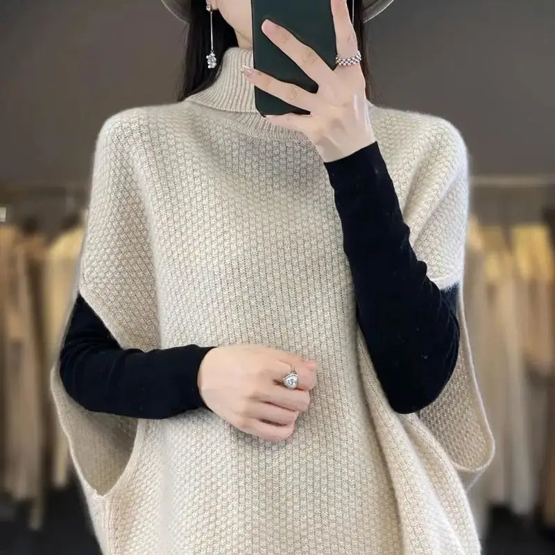Women Batwing Sleeve Sweaters Knitting Vest Casual High Collar Elegant Solid Sweaters Loose-fit Sleeveless Waistcoat Pullover