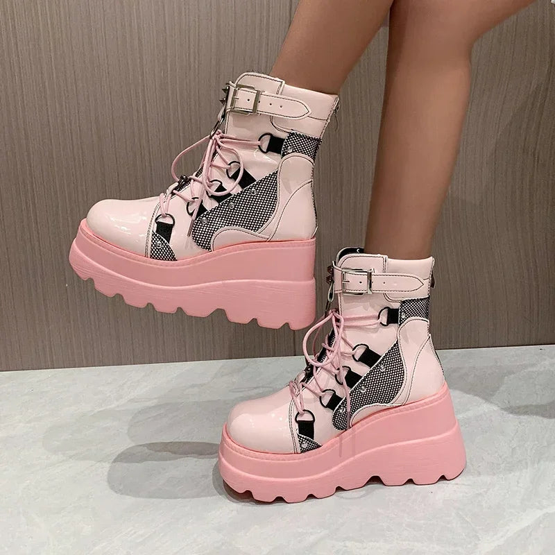 2025 New Design Punk Gothic Motorcycle Platform Boots (Chunky High Heel Ankle Boots Cool Wedge Black for Women)