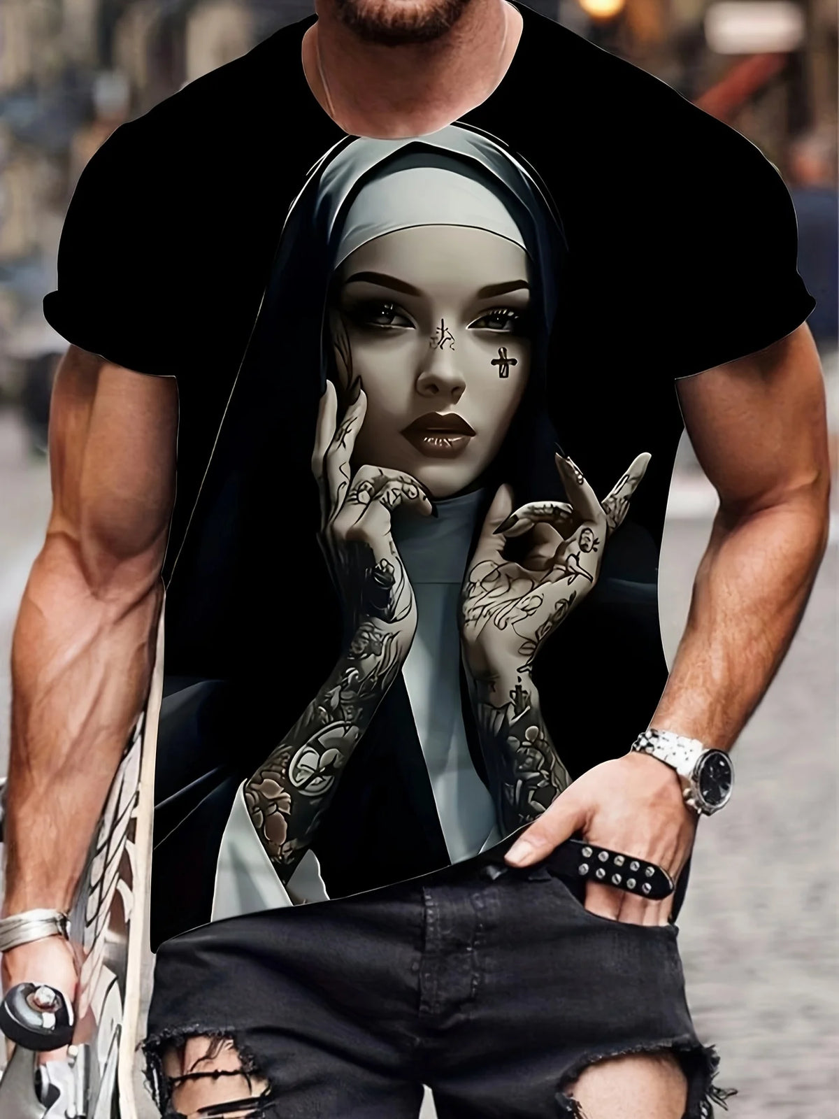Men's  with Smoking Nun 3D Graphic T-Shirt Black Casual Summer Tee Short Sleeves Polyester  Streetwear T-Shirts Vintage Clothing