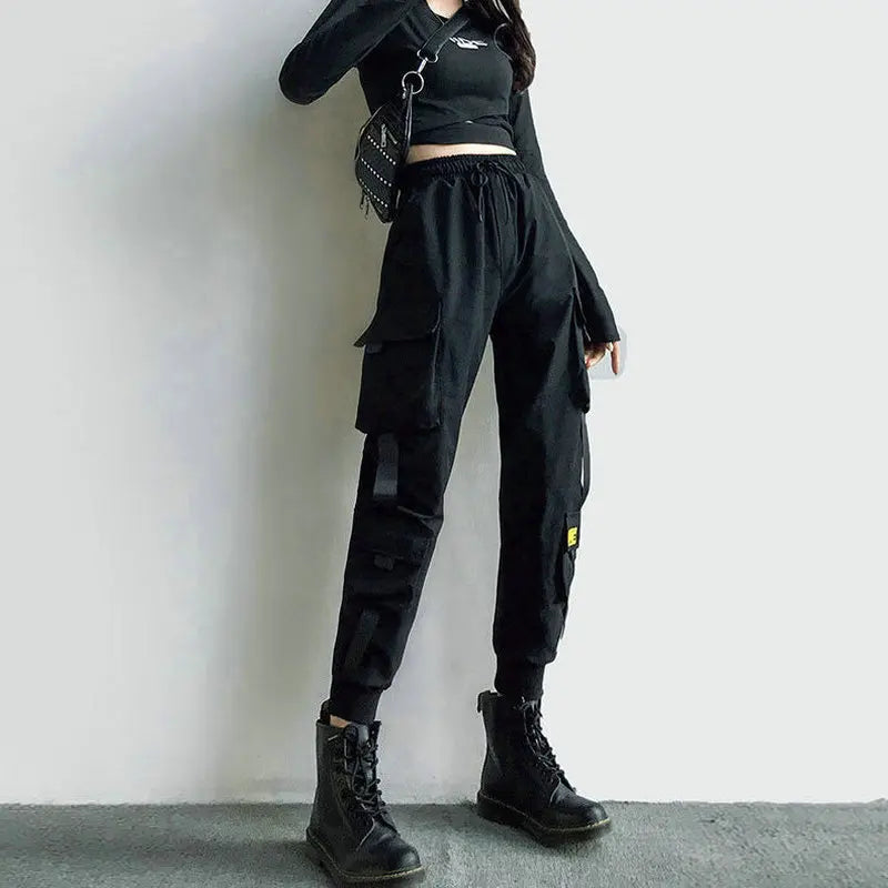 Women's Cargo Pants Black Ribbon Pocket Jogger Elastic Waist High Streetwear Harajuku Pant Punk Females Trousers Harem Pants
