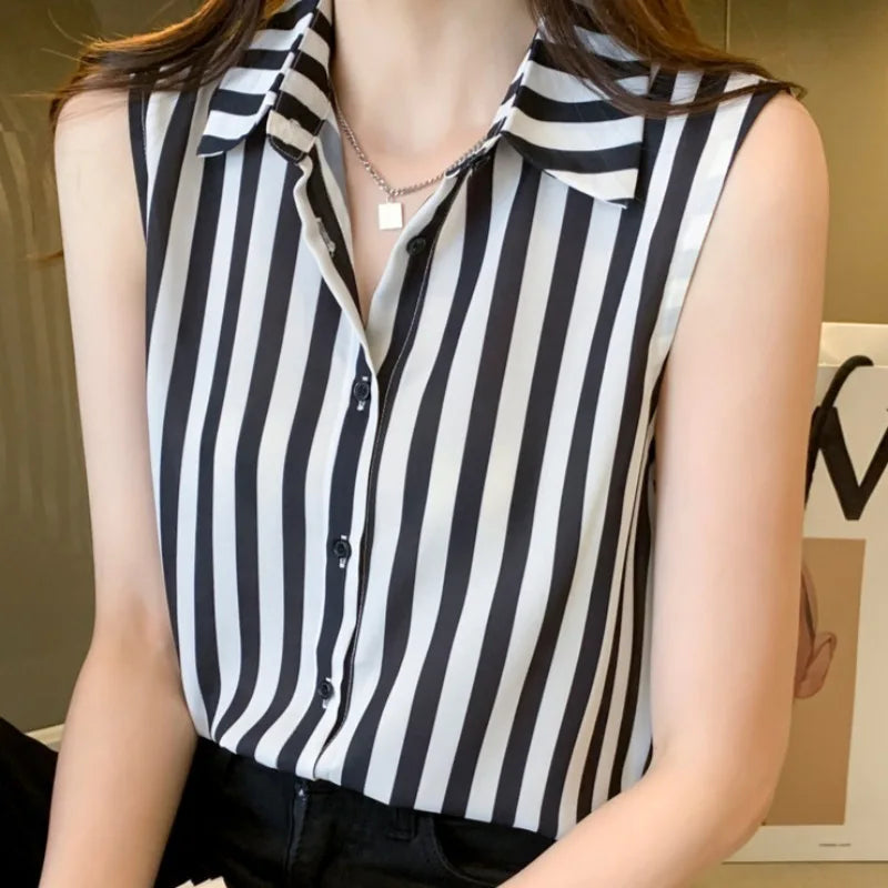 Ins Shirts for Women Striped Sleeveless Summer Tops All-match Sweet Cool Casual Turn-down Collar Single Breasted Chic Elegant