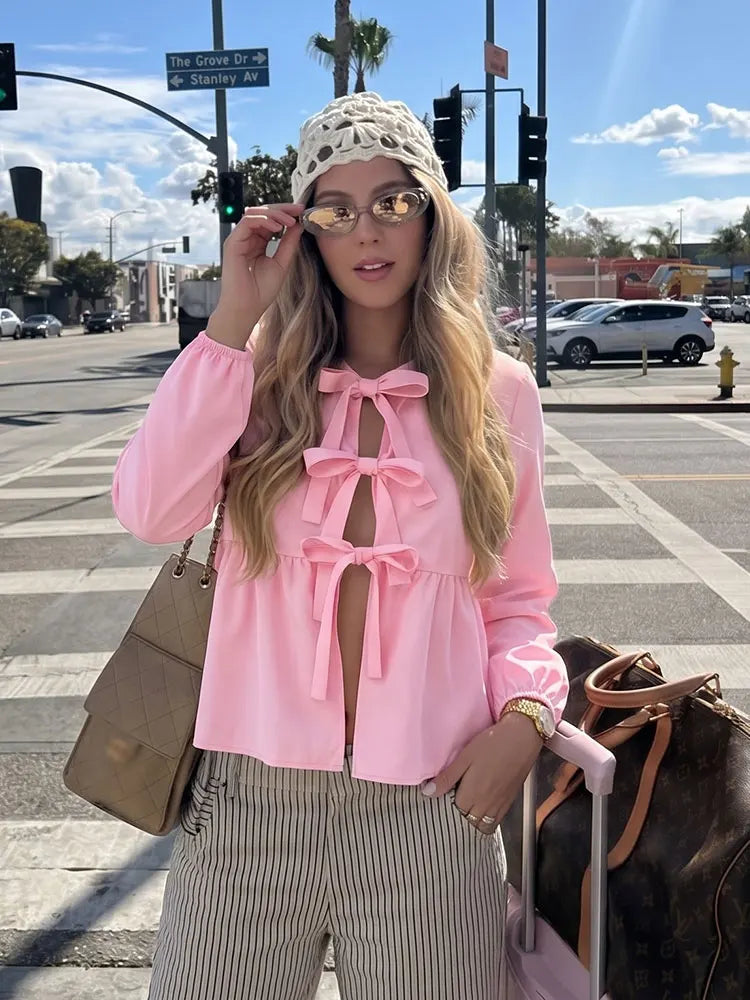 HH Shirts For Women Elegant Front Bow Tie Solid Blouse Puff Sleeve Spring Summer Casual Beach Vacation Streetwear Party Top