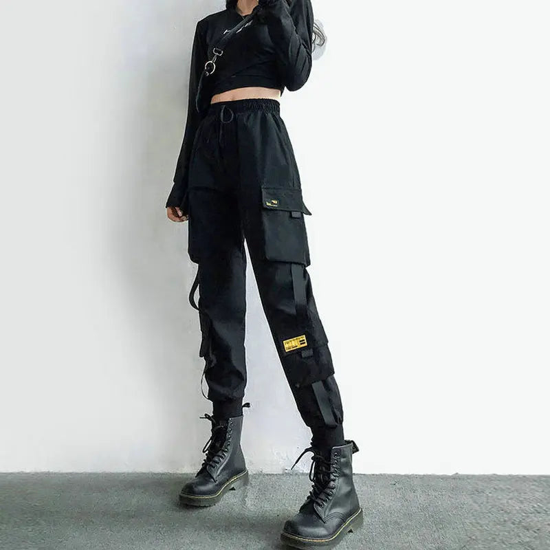 Women's Cargo Pants Black Ribbon Pocket Jogger Elastic Waist High Streetwear Harajuku Pant Punk Females Trousers Harem Pants